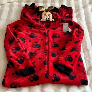 Girls Minnie Mouse Red & Black Plush Hoodie Onesie 14 15 NWT NEW Zipper